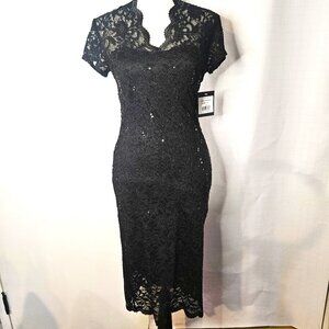 Black Lace XS Sheath Dress High Neckline Short Cap Sleeves Knee-Length Hemline
